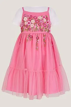 Monsoon Girls Floral Embroidered Tulle Dress And T-Shirt Set