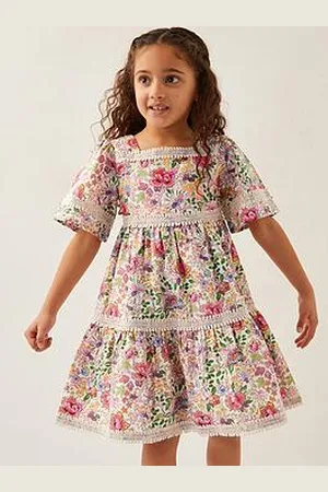 Monsoon Girls Floral Print Short Sleeve Tiered Dress