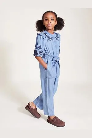 Monsoon Girls Floral Embroidered Chambray Jumpsuit