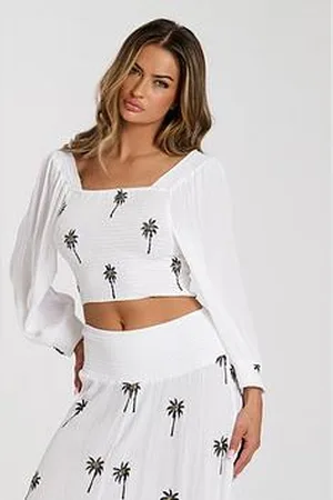South Beach Embroidered Shirred Long Sleeve Top