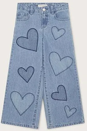 Monsoon Girls Heart Embroidered Wide Leg Jeans