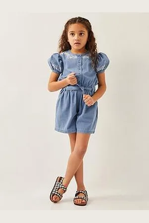Monsoon Girls Embroidered Chambray Short Sleeve Playsuit