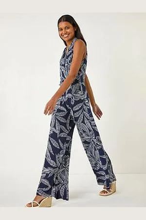 Roman Leaf Puff Print Crossover Jumpsuit