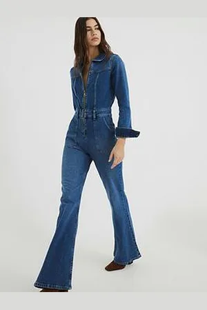 River Island Denim Relaxed Flare Leg Jumpsuit - Medium Denim