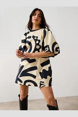 Very Abstract Mono Puff Sleeve Mini Dress - Dark