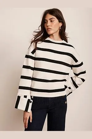 mint&berry Cream Striped Statement Cuff Sweatshirt