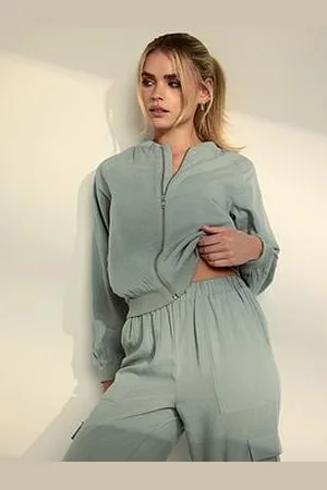 PixieGirl Petite Sage Linen Blend Bomber Jacket