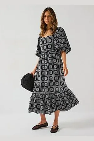 Very Puff Sleeve Check Embroidered Midi Dress