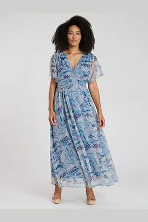 South Beach Printed Metallic Chiffon Button Detail Midi Dress