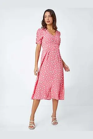 Roman Polka Dot Ruched Sleeve Midi Dress