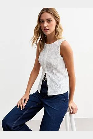 New Look Off White Crinkle Crew Neck Button Through Waistcoat