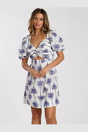 South Beach Printed Twist Front Puff Sleeve Mini Dress