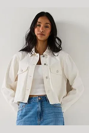 Very Cropped Raw Hem Denim Jacket - Ecru