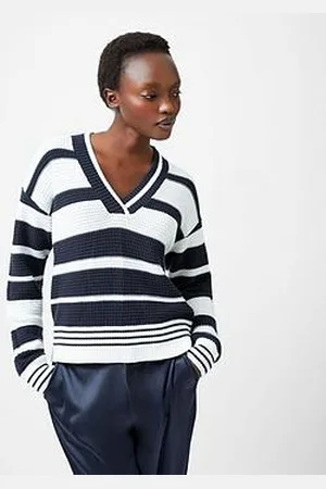 French Connection Cable Knit Long Sleeve Varsity-Style V-Neck Stripe Jumper