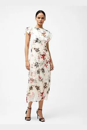French Connection Satin Overlay Floral Print Short Frill Sleeve Midi Dress
