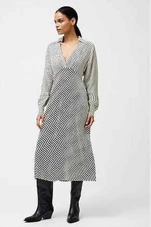 French Connection Long Sleeve Striped Satin V-Neck Collar Midi Dress
