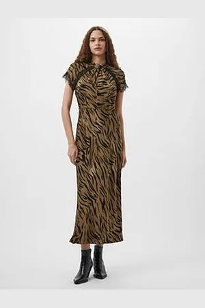 French Connection Animal Print Satin Lace Short Sleeve Midi Dress
