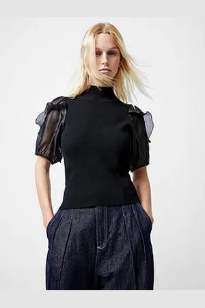 French Connection High Neck Short Sleeve Organza Ruffle Sleeve Top