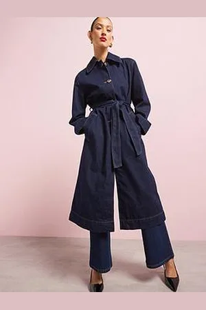 MANGO Long Rinse Wash Denim Trench Coat - Dark