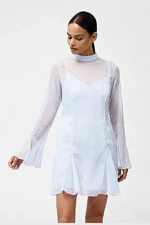 French Connection Chiffon High Neck Frill Sleeve Pearl Mini Dress