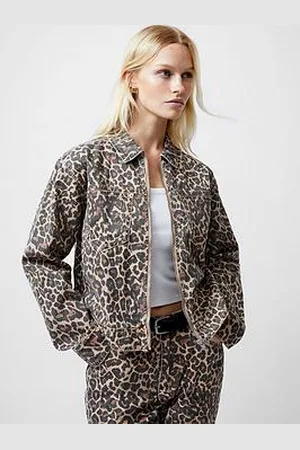 French Connection Cotton Leopard Print Zip-Up Denim Jacket