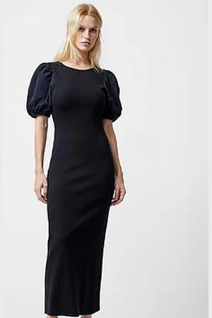 French Connection Cotton Blend Puff Sleeve Ribbed Bodycon Midi Dress