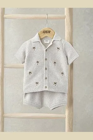 Mamas & Papas Baby Boys 2 Piece Palm Tree Embroidered Shirt & Short Knitted Set