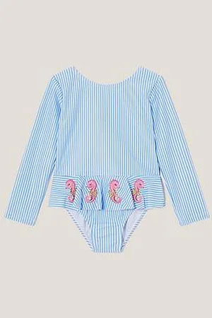Monsoon Baby Girls Seahorse Stripe Upf50+ Long Sleeve Swimsuit