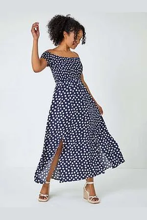 Roman Petite Polka Dot Bardot Maxi Dress