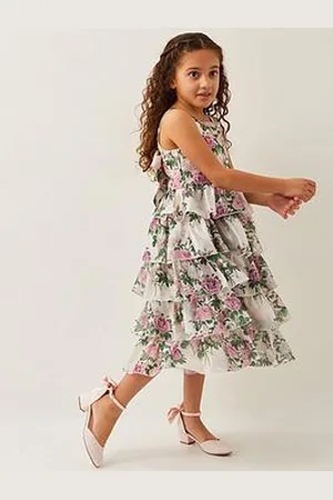 Monsoon Girls Raye Rose Print Organza Ruffle Dress