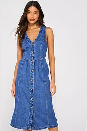 Very Sleeveless V Neck Denim Midi Dress