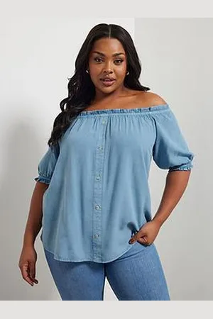 Yours Curve Chambray Button Bardot Top