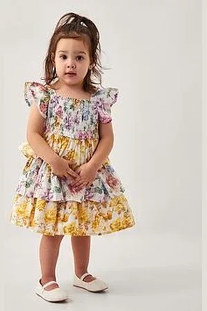 Monsoon Baby Girls Floral Print Puff Sleeve Tiered Dress