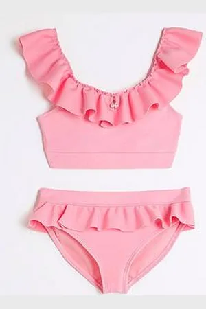 River Island Girls Frill Shoulder Bikini Set - Bright Pink