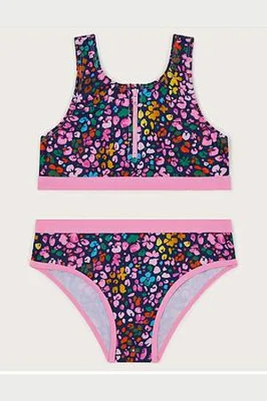 Monsoon Girls Leopard Print Sporty Zip-Up Bikini Set