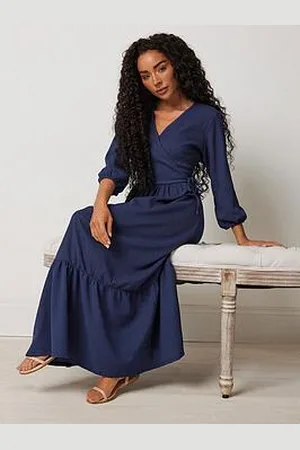 M&Co Petite 3/4 Sleeve Wrap Tiered Dress