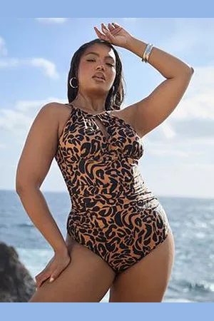 Yours Curve Leopard Keyhole Plunge Swimsuit