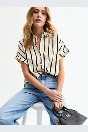 New Look Short Sleeve Stripe Shirt - Cream/Navy