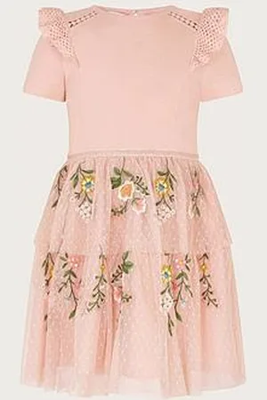 Monsoon Girls Short Sleeve Floral Embroidered Tulle Dress