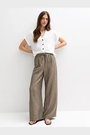 New Look Khaki Crinkled Wide Leg Trousers