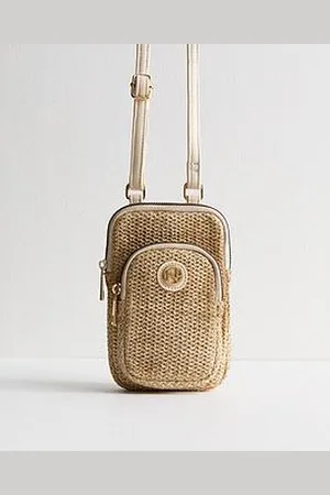 New Look Brown Raffia Look Logo Plaque Crossbody Bag