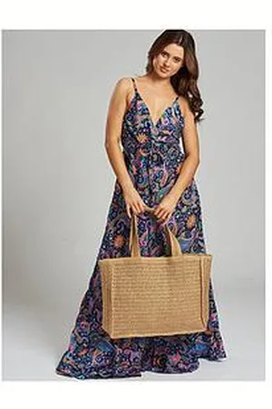 South Beach Straw Woven Shoulder Tote Bag In Black