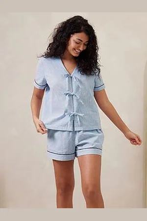 Chelsea Peers Seersucker Starfish Stripe Print Tie Front Pyjama Set - Blue/