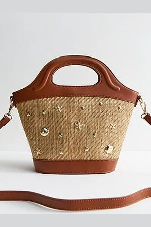 New Look Stone Woven Seashell Embellished Crossbody Bag
