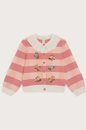 Monsoon Girls Knitted Frill Collar Cardigan - Coral