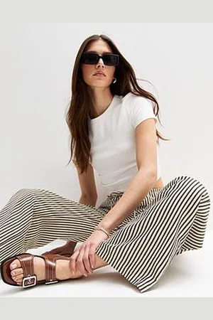 New Look Crinkle Textured Striped Wide Leg Trousers
