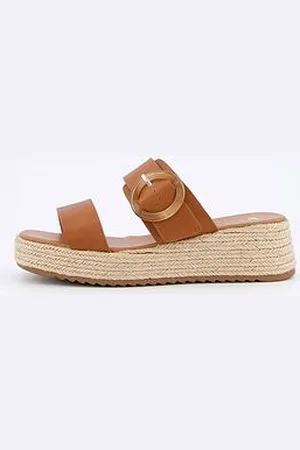 Very Wide Fit Double Strap Flatform Espadrille Sandals - Brown