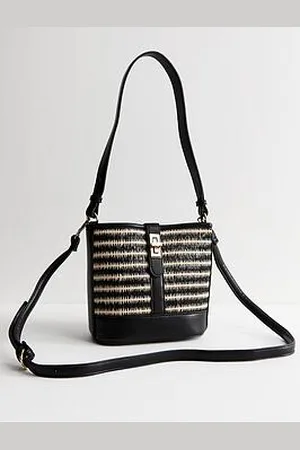 New Look Faux Leather Twist Lock Raffia Look Stripe Bucket Bag