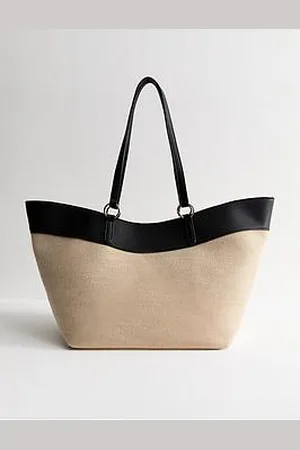 New Look Stone Canvas And Faux Leather Large Winged Tote Bag