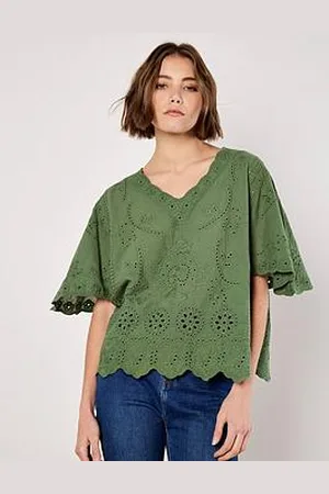 Apricot Embroidered Cotton V-Neck Top